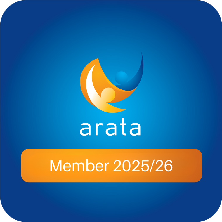 A blue square graphic with rounded corners featuring the Arata logo in orange and blue, the word 'arata' in white, and an orange badge reading 'Member 2025/26'.
