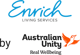 Logo of Enrich Living Services by Australian Unity with a blue and orange design.