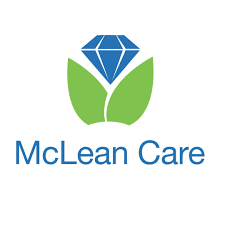 White background with a blue diamond at the top of the icon cupped by 2 green leaves underneath. Text reads Mclean Care