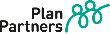 Plan Partners Logo with an aqua coloured double loop in the shape of 2 people. 