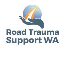 Blue Globe with a roadway in orange through the middle of the globe and a hand holding the globe in it's palm. Reads: Road Trauma Support WA