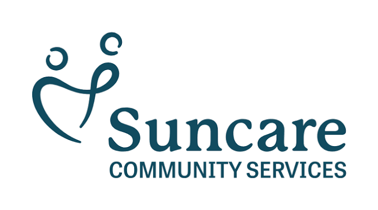 The logo for Suncare Community Services, featuring a dark teal stylized icon of two figures and the text 'Suncare COMMUNITY SERVICES' on a plain white background.