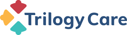 Trilogy Care logo with colorful shapes on a blue background