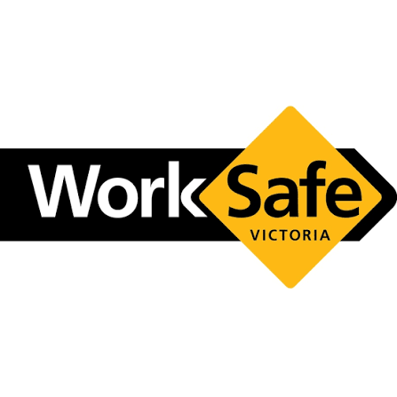 WorkSafe Victoria logo with a black arrow shape, white 'Work' text, a yellow diamond with 'Safe' in black, and 'VICTORIA' below on a white background.