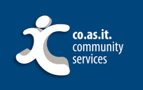 Blue background with white writing and image representing a person. co.as.it community services 