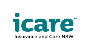 White background reads in aqua: icare and in black: insurance and care NSW