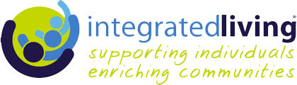 image on the left is a green circle with silhouettes of three peoples head and arms outstretched in different shades of blue. Reads: integratedliving supporting individuals enriching communities 